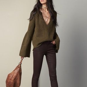 Free People Lovely Lines Oversized Wool Flare Bell Sleeve Sweater Olive Medium
